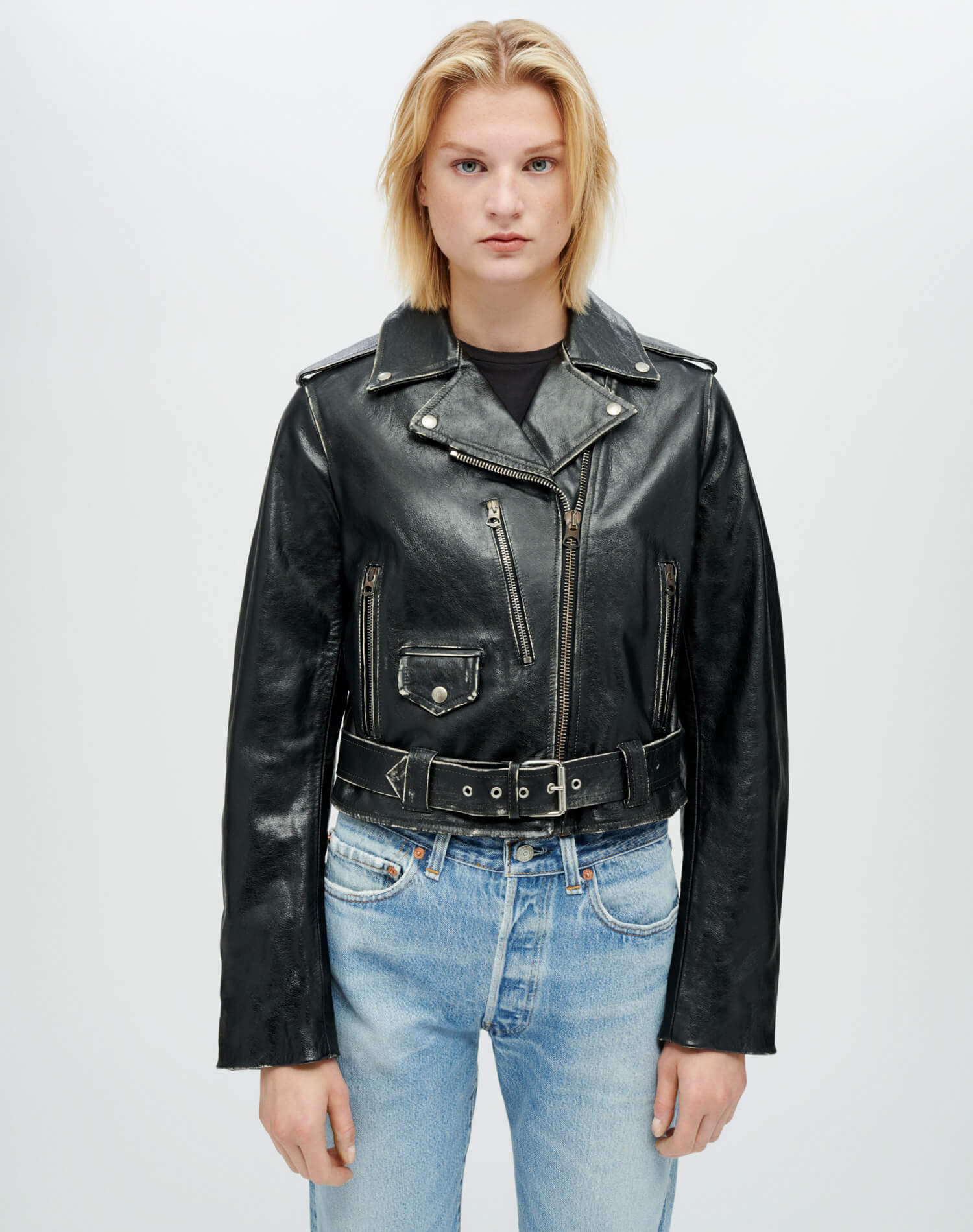 RE/DONE | Leather Moto Jacket in Vintage Black