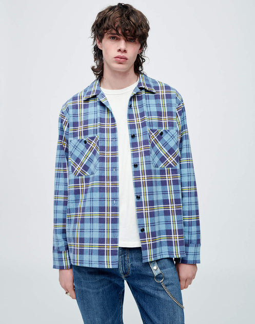 RE/DONE | 50s Plaid Straight Bottom Shirt in Navy/Blue