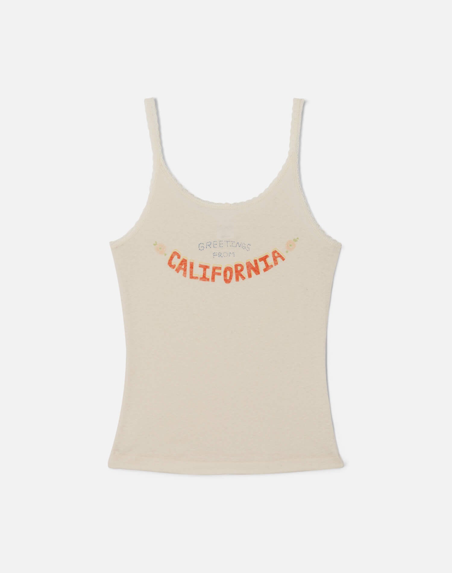 Lace Strap "Greetings From CA" Tank - Vintage White