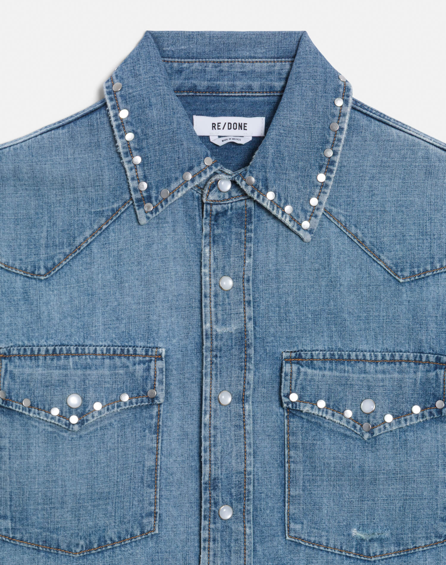 Distressed Western Shirt - Vintage Biker Blue Stud