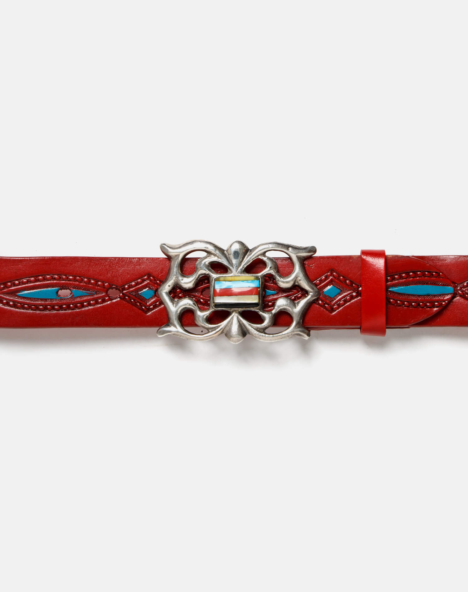 70s Embossed Painted Belt with Sterling Zuni Buckle