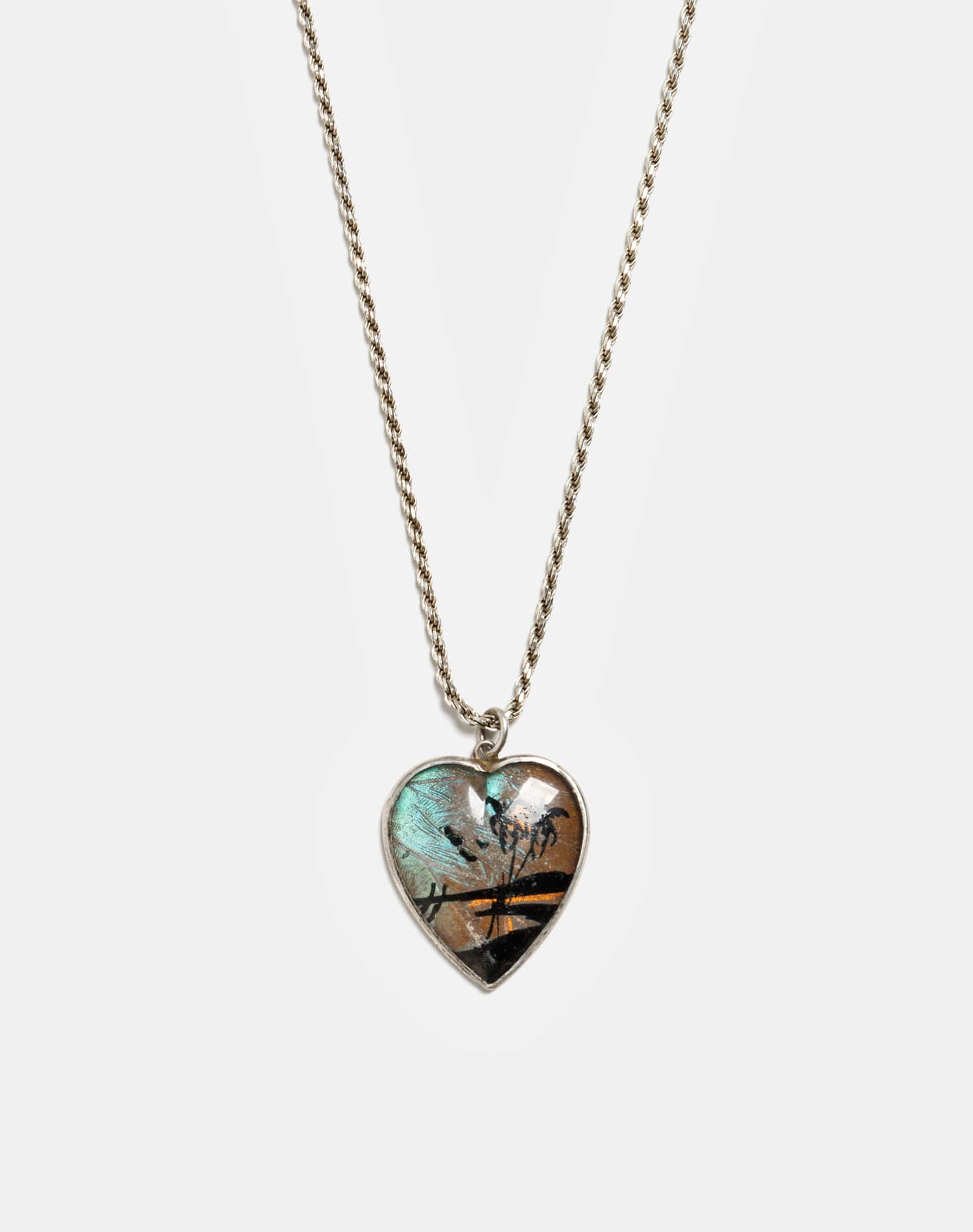 40s Tropical Heart Morpho Butterfly Wing Pendant Necklace