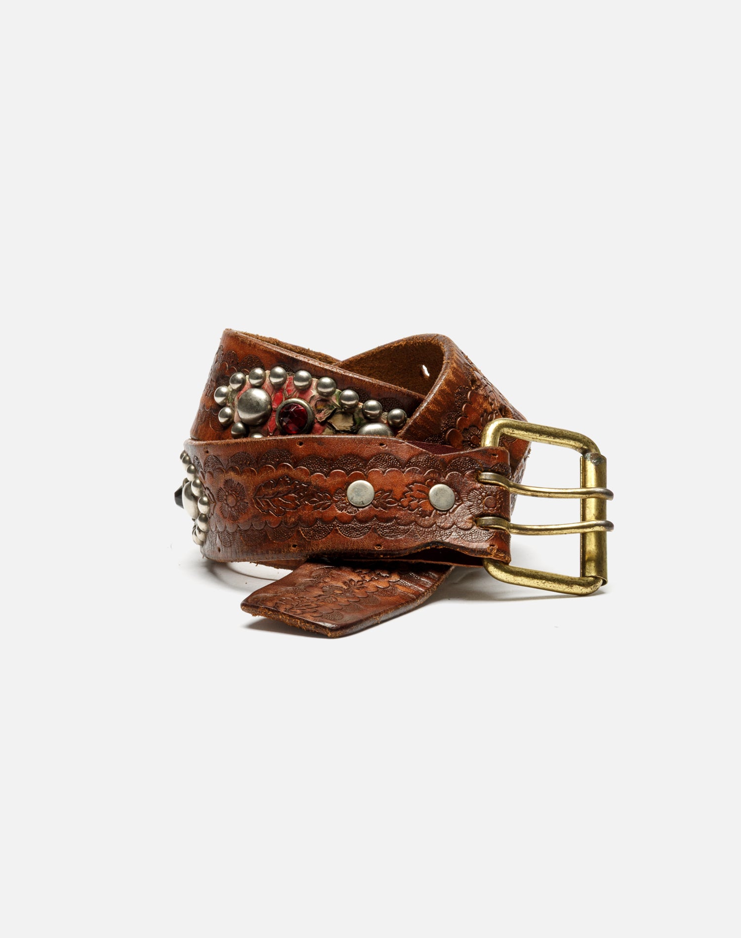 70s Studded + Embossed Leather Belt -#1006