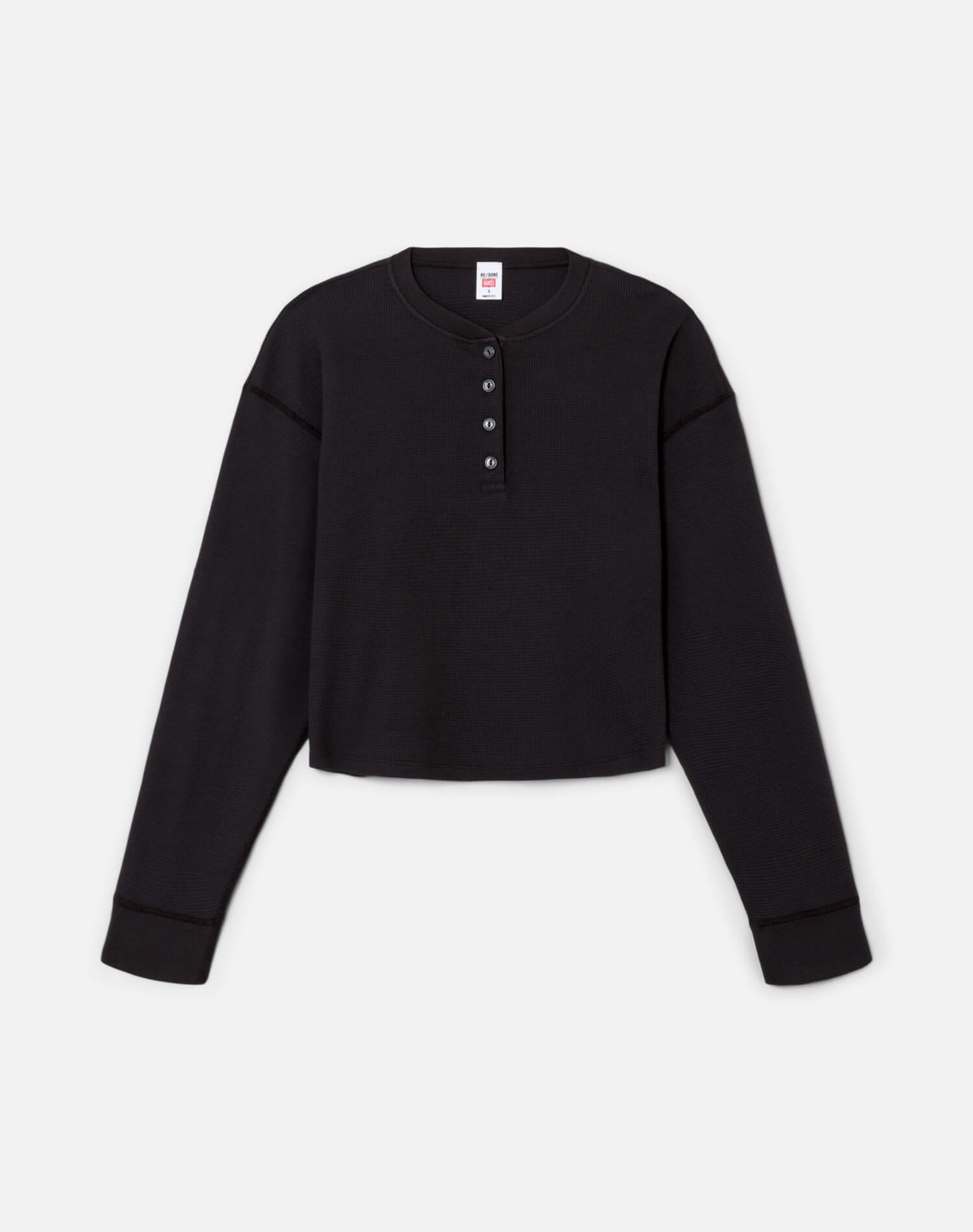 Hanes Waffle Boxy Henley - Washed Black