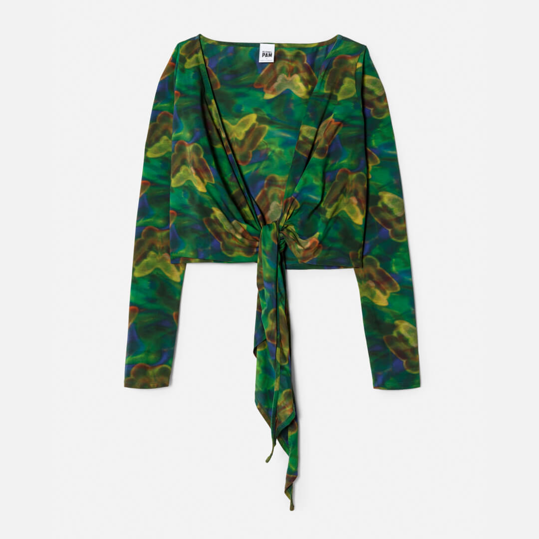 Wrap Tie Top - Green Butterfly