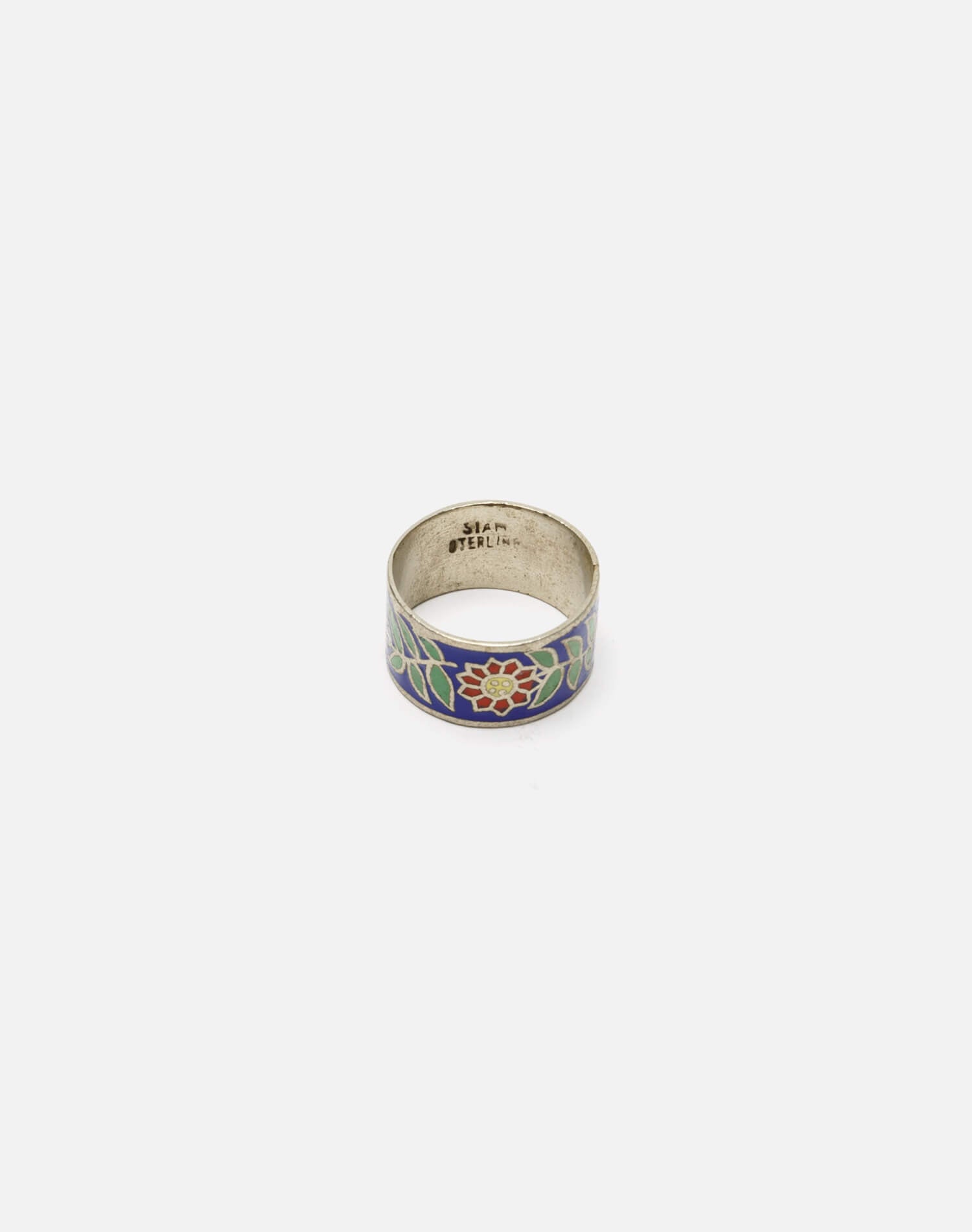 50s Multi Color Floral Enameled Siam Sterling Silver Ring