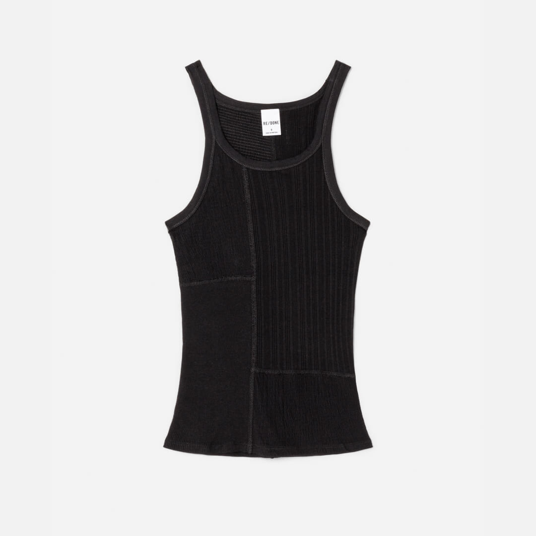 Mixed Media Ribbed Tank - Black Multi