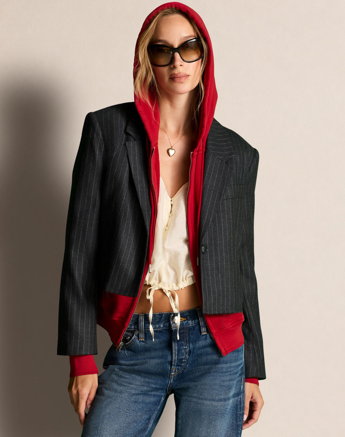Raven Cropped Blazer - Grey Pinstripe