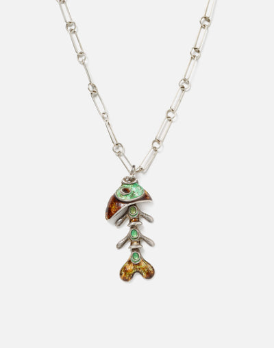 70s Sterling Enamel Fish Pendant Necklace