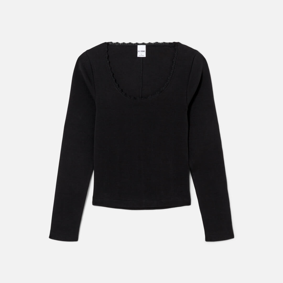 Lace Scoop Neck Long Sleeve Tee - Black