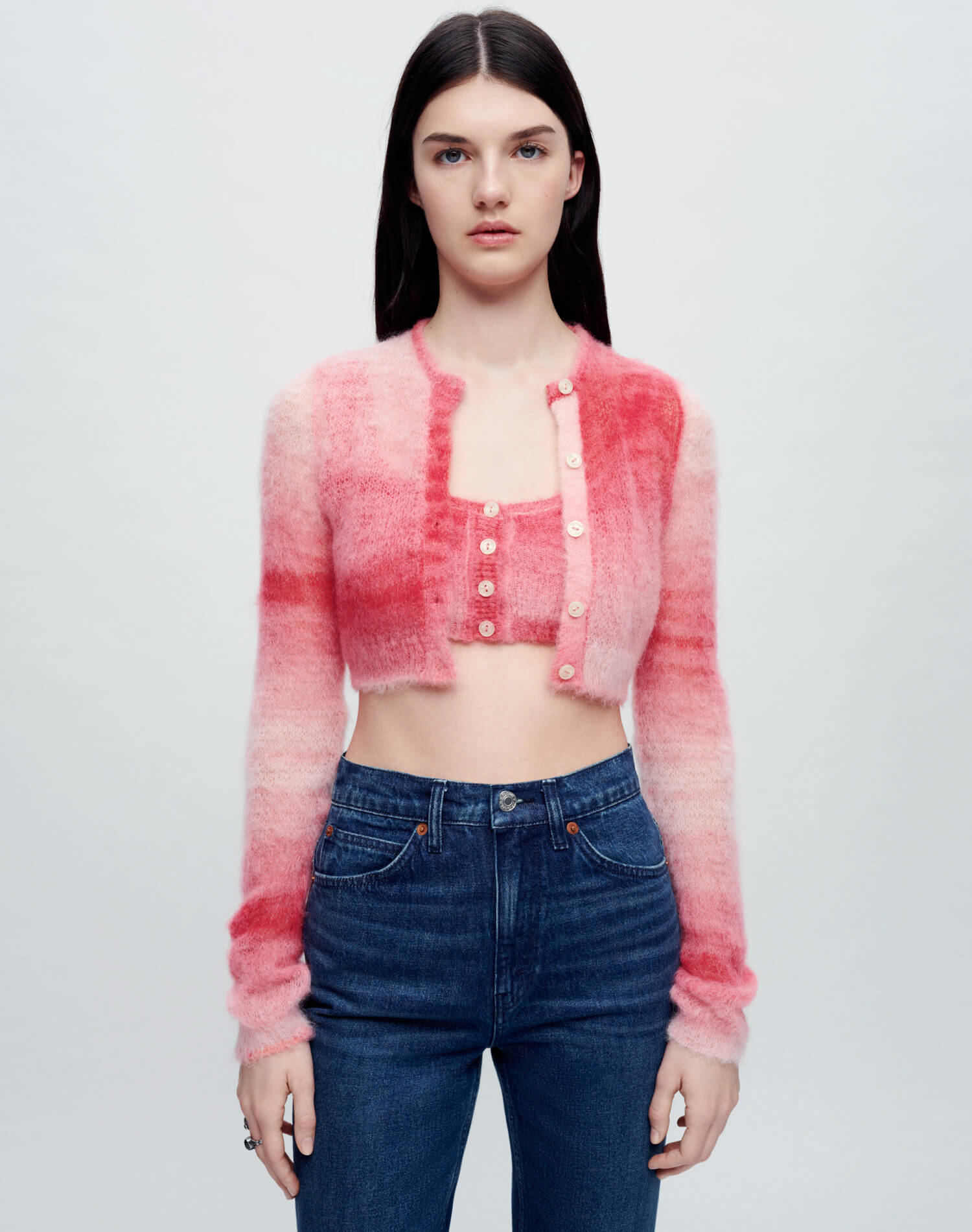 Cropped Crewneck Cardigan - Red Space Dye