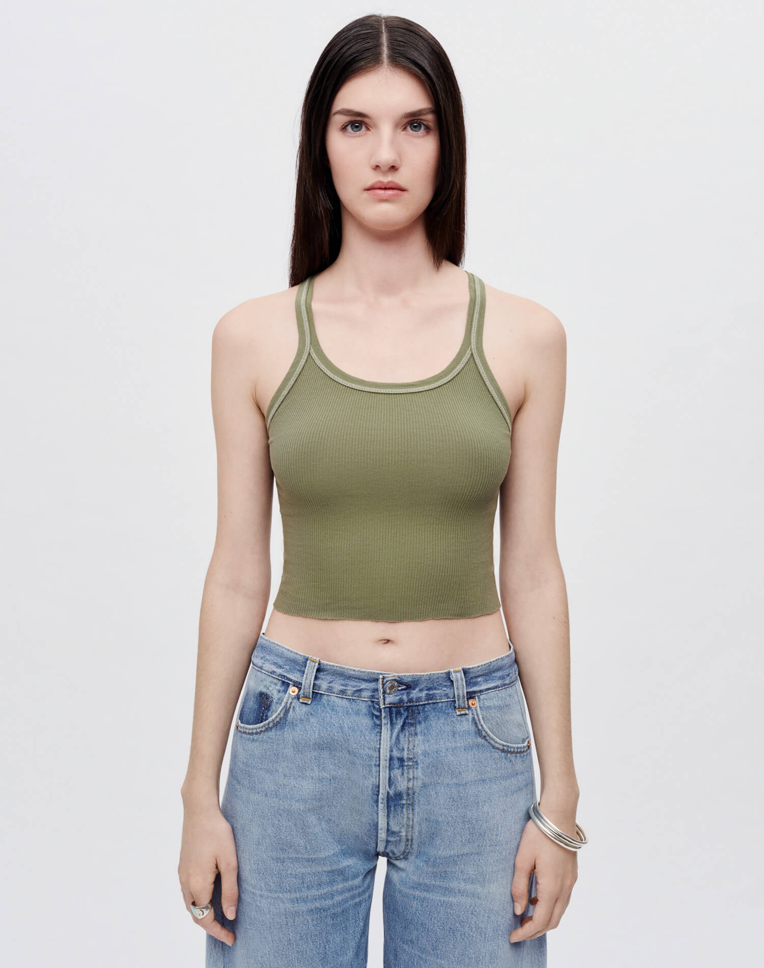 Hanes Cropped Ribbed Tank - Bayleaf with Ivory Stitches