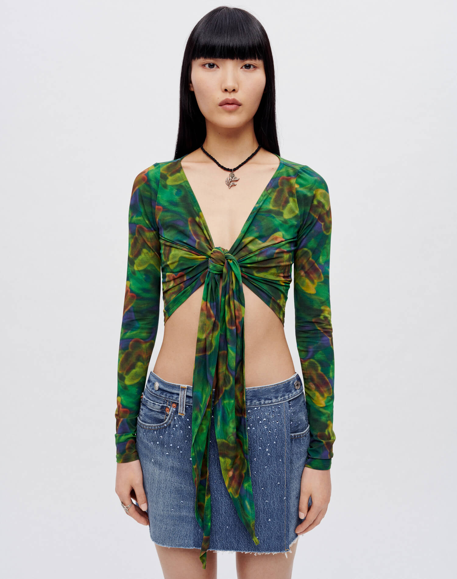 Wrap Tie Top - Green Butterfly