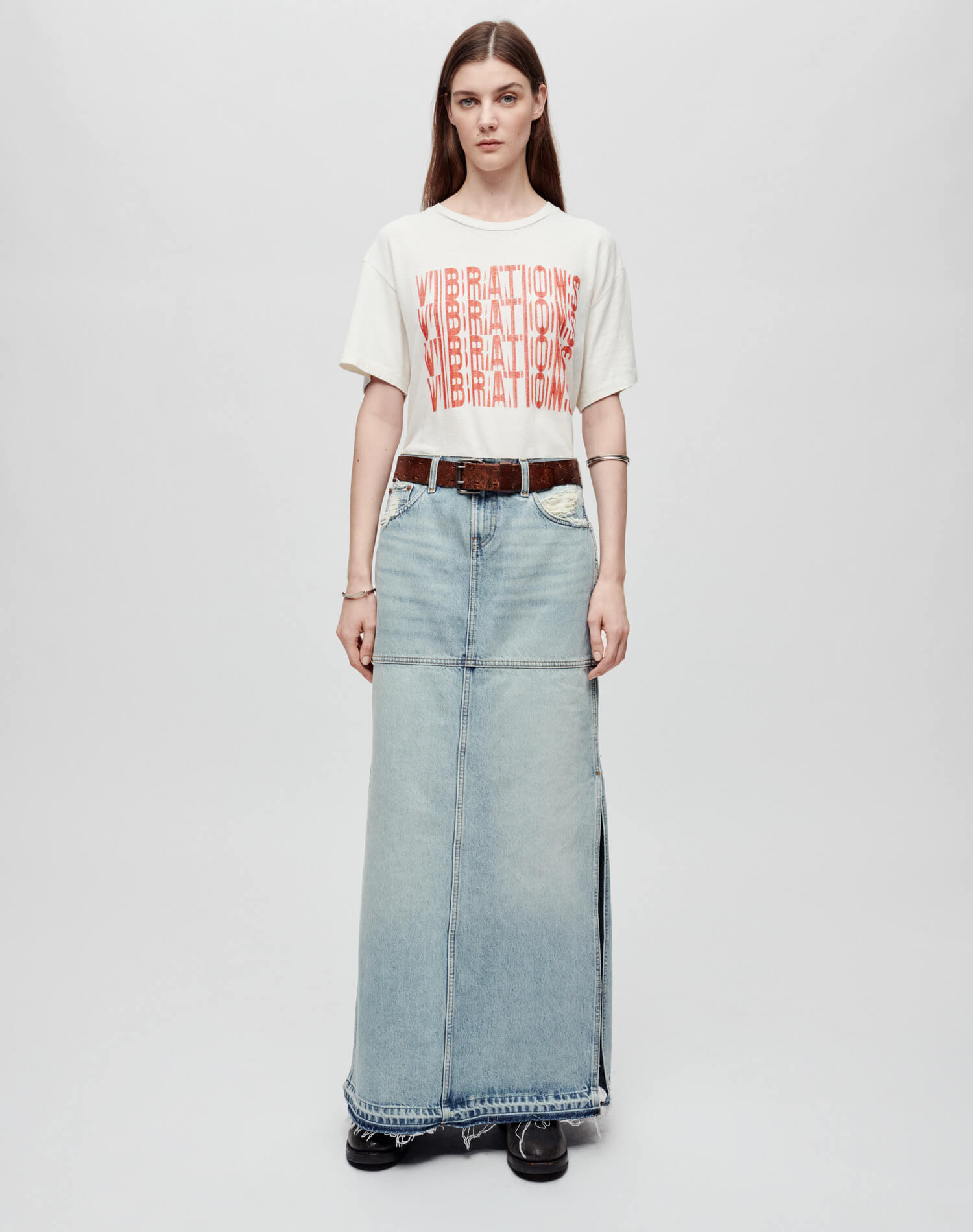 Mid Rise Split Skirt - Ripped Tide
