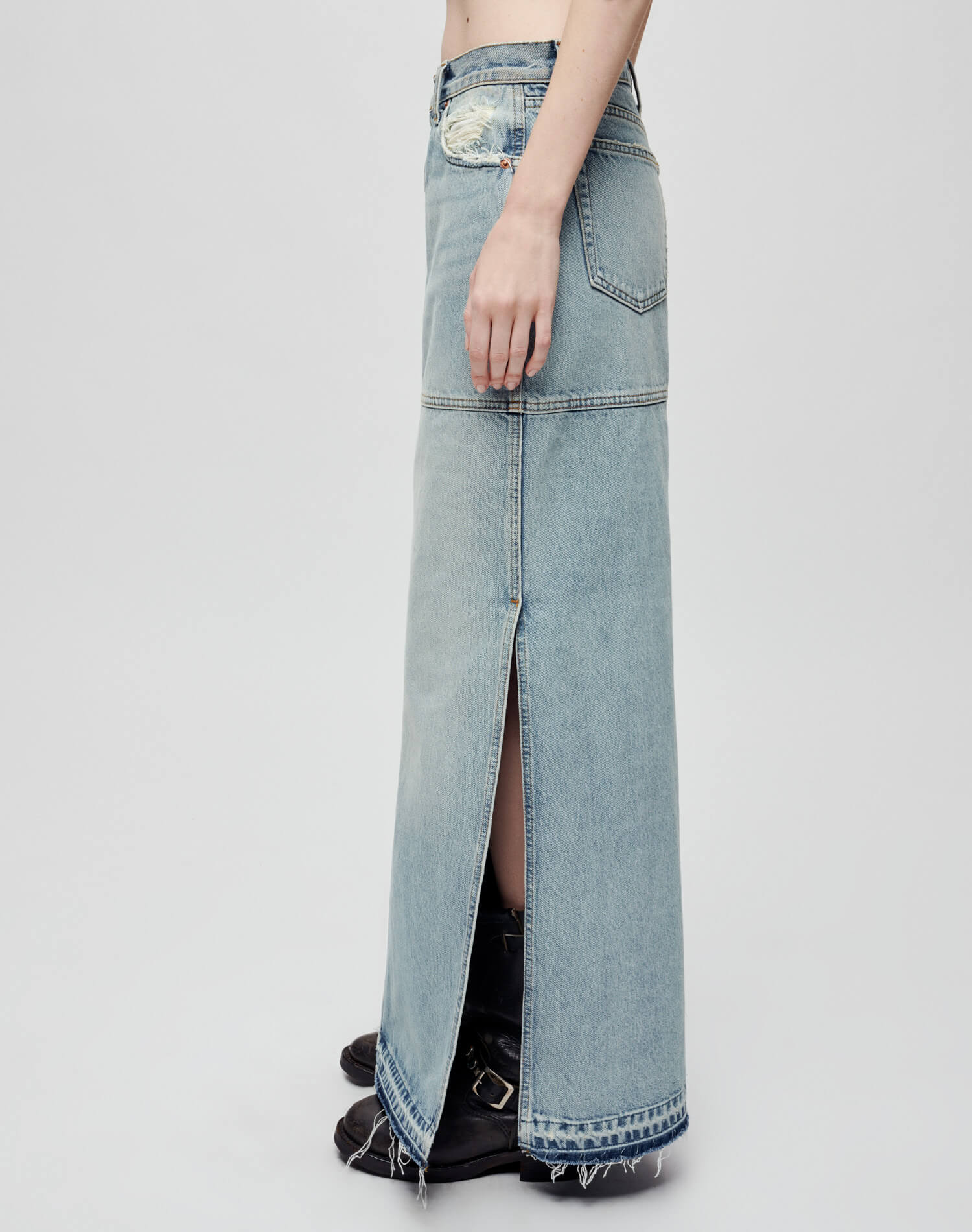 Mid Rise Split Skirt - Ripped Tide