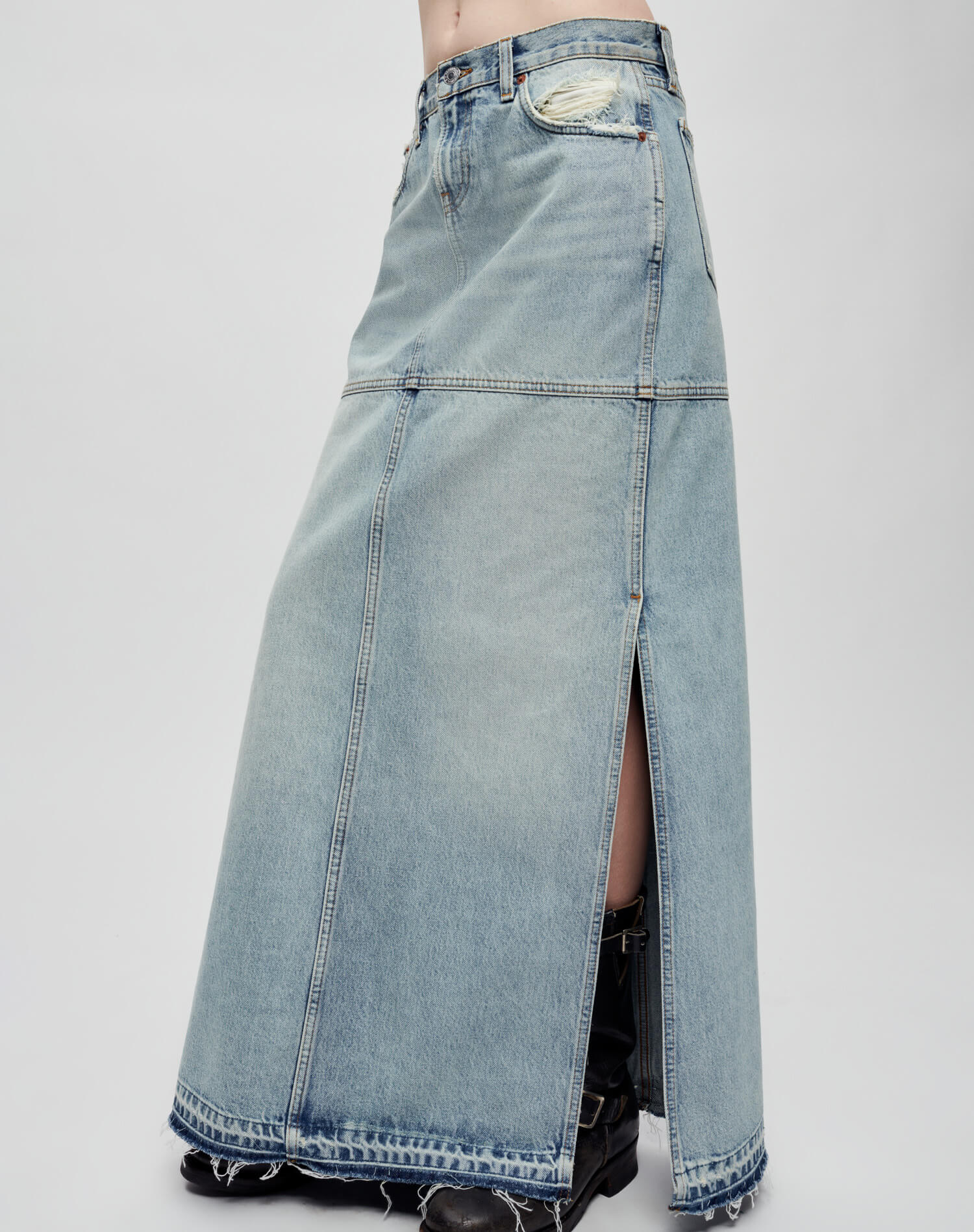 Mid Rise Split Skirt - Ripped Tide