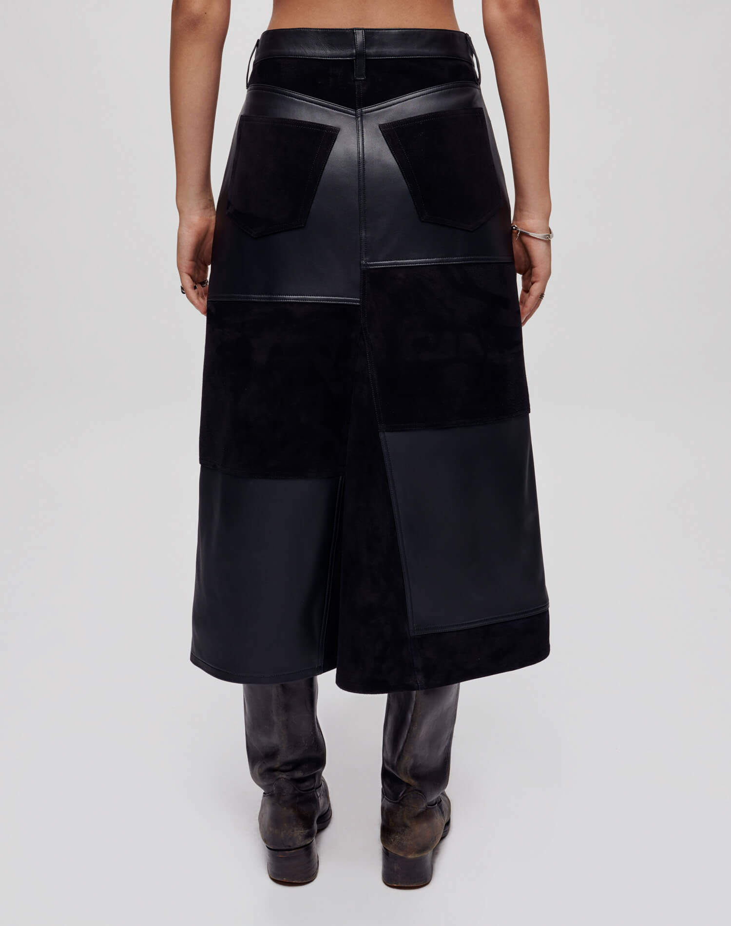 Mid Rise Leather Patchwork Skirt - Black Suede And Leather