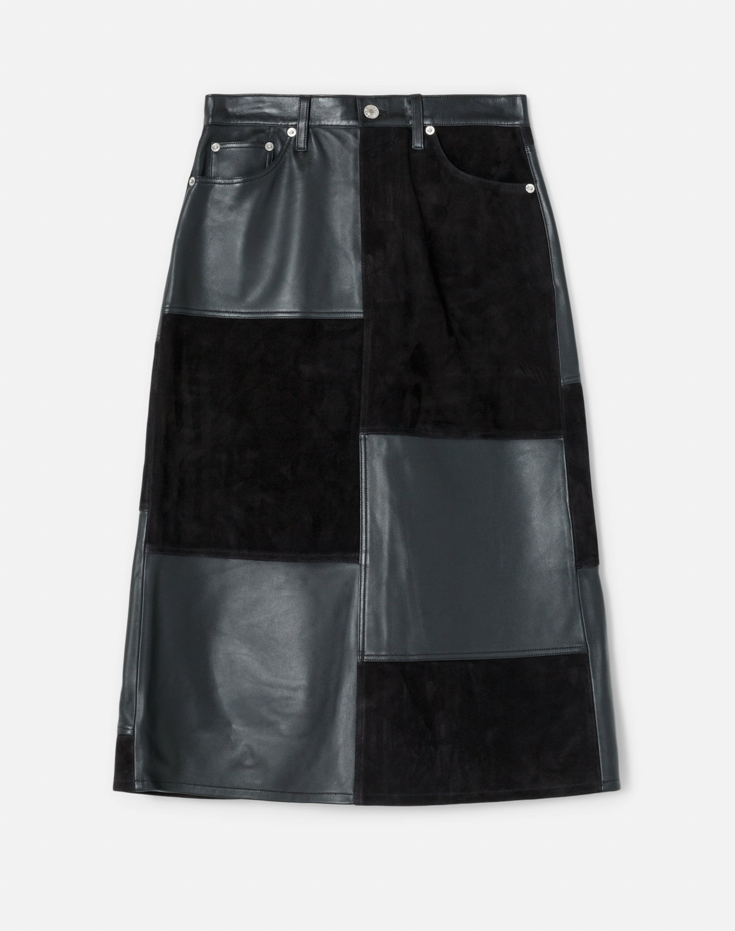 Mid Rise Leather Patchwork Skirt - Black Suede And Leather
