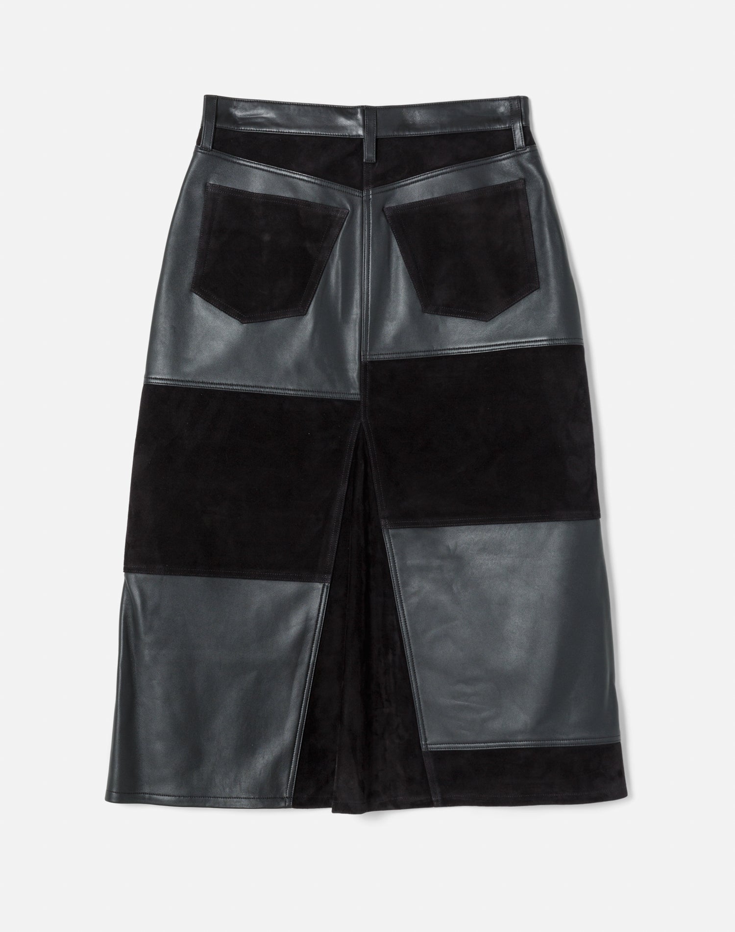 Mid Rise Leather Patchwork Skirt - Black Suede And Leather