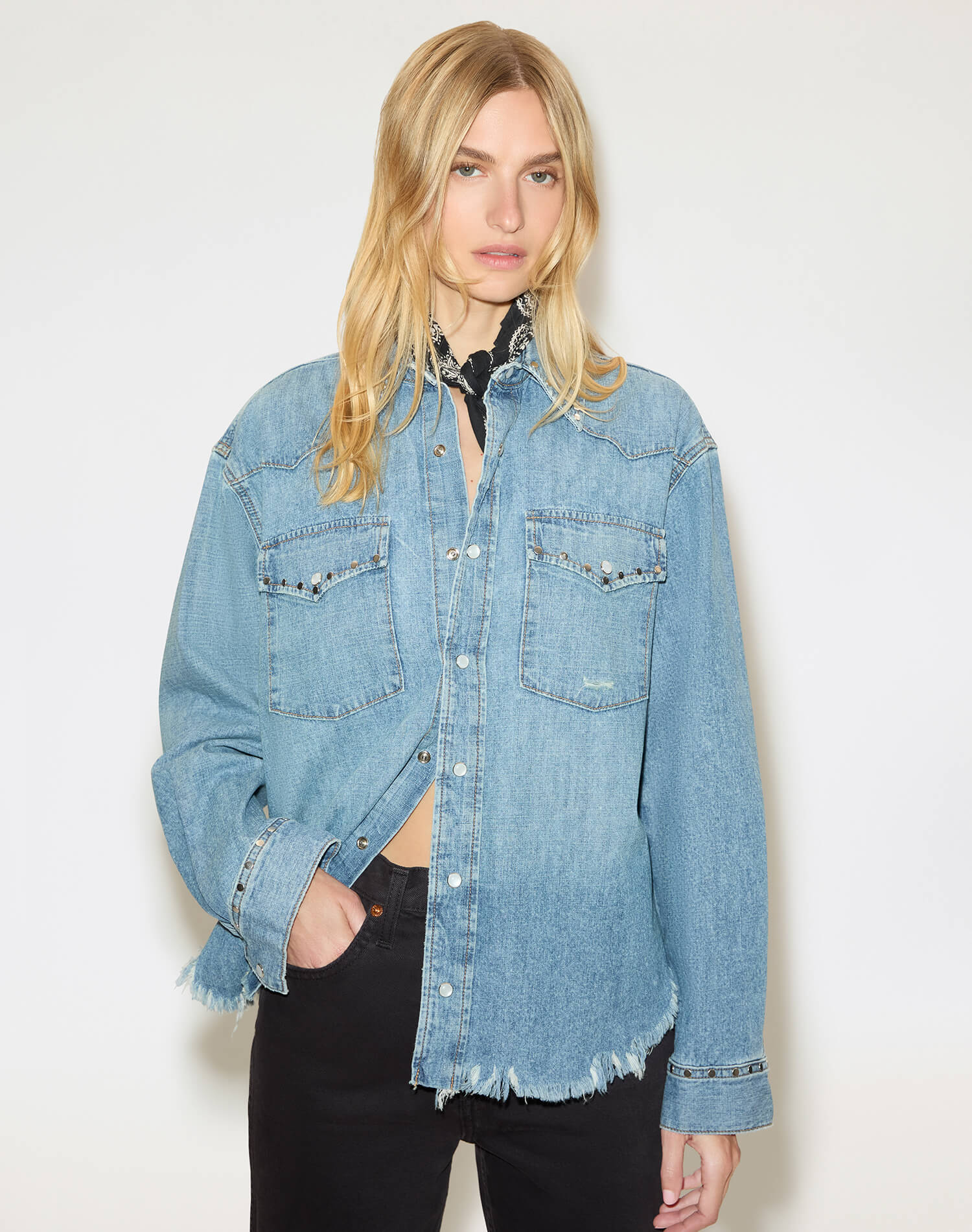 Distressed Western Shirt - Vintage Biker Blue Stud