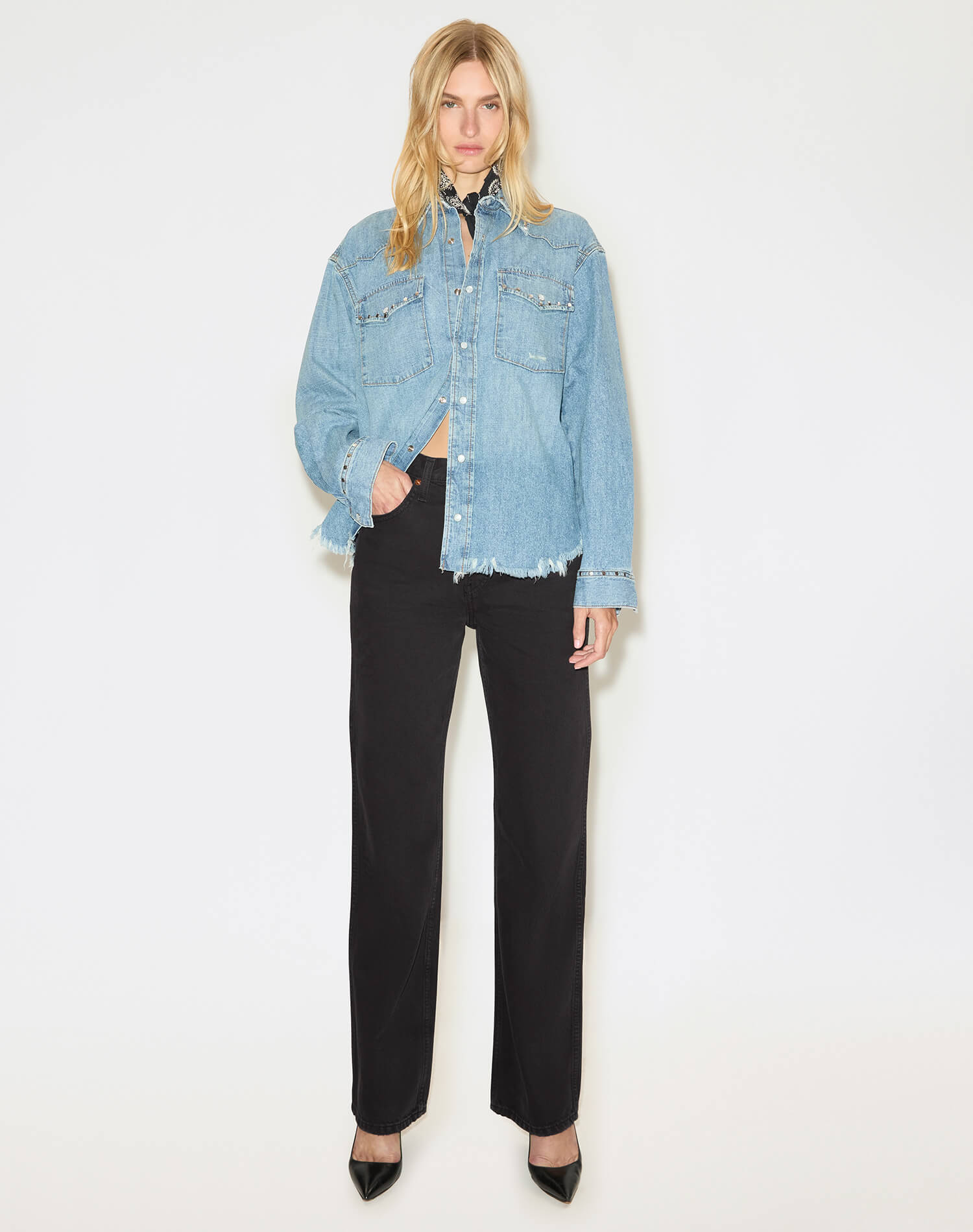 Distressed Western Shirt - Vintage Biker Blue Stud