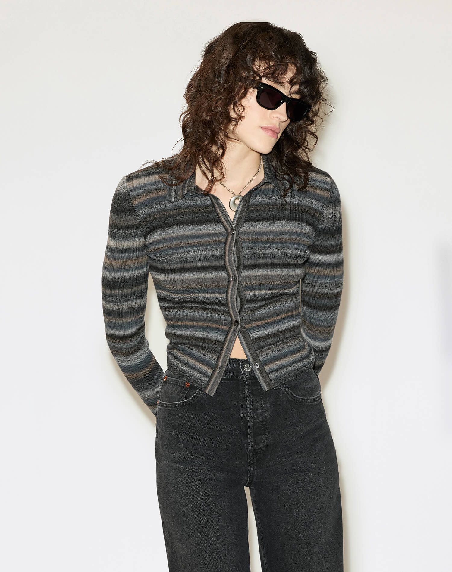 Ribbed Polo Cardi - Black Combo