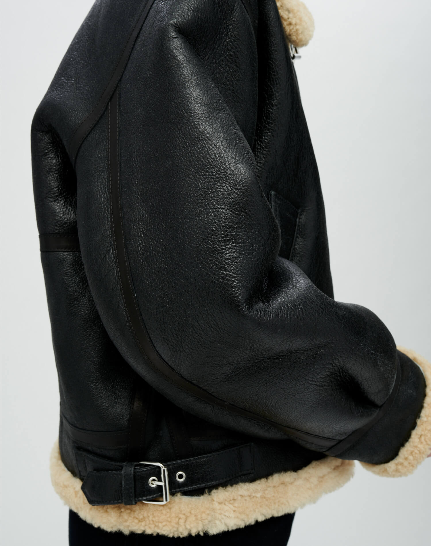Suede Shearling Aviator Jacket - Black Leather