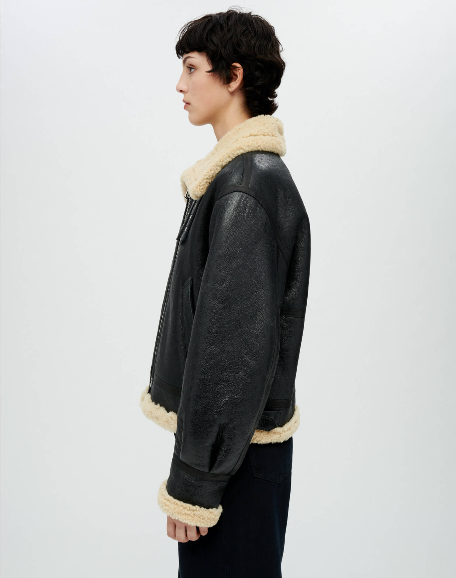 Suede Shearling Aviator Jacket - Black Leather