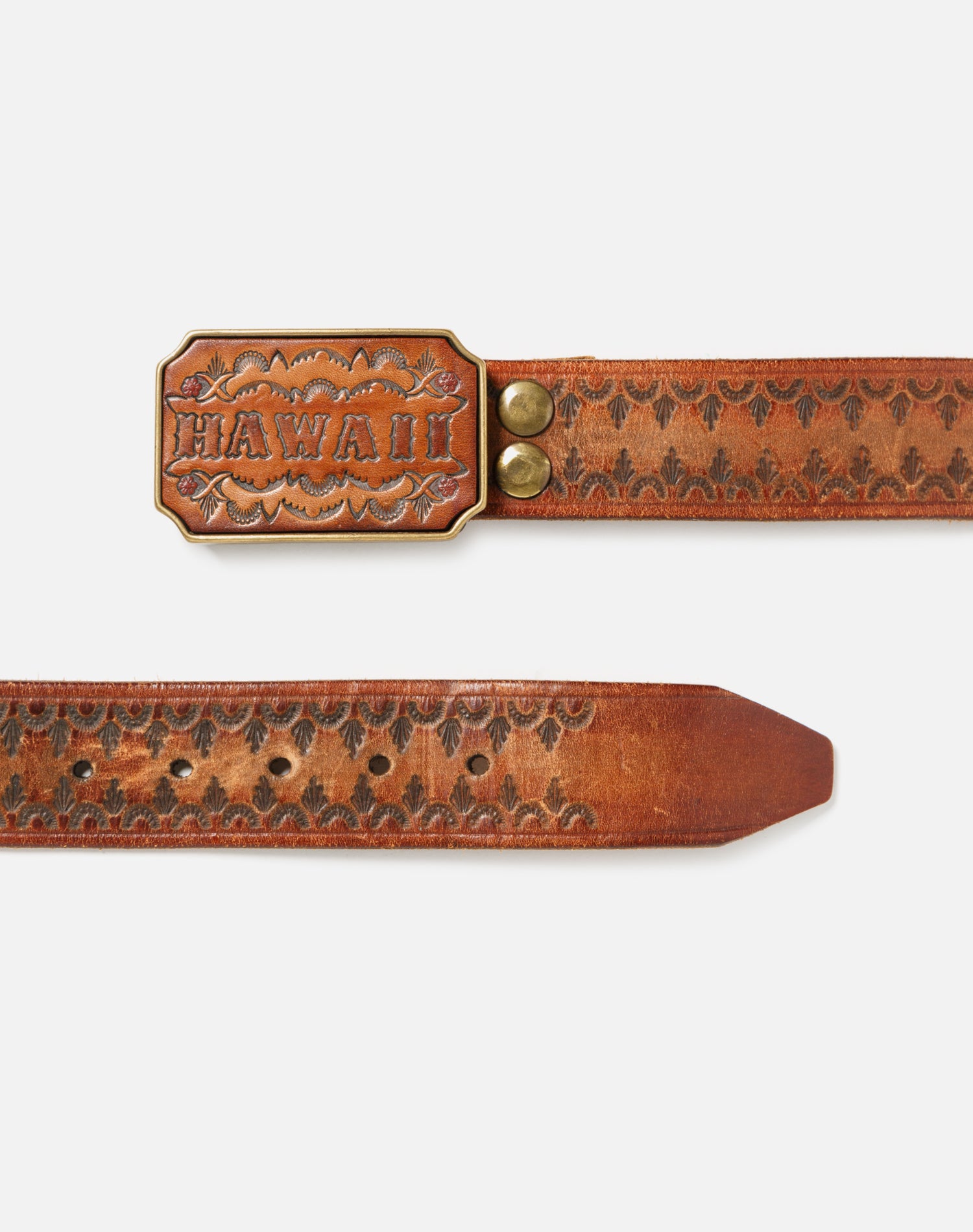 70s Hawaii Brass Buckle On Stamped Belt