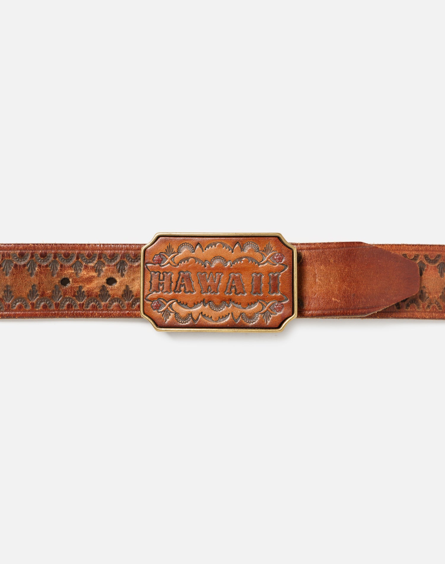 70s Hawaii Brass Buckle On Stamped Belt