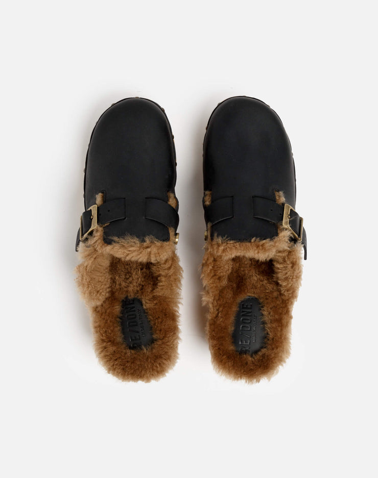 70s Shearling Clog - Black Leather and Shearling
